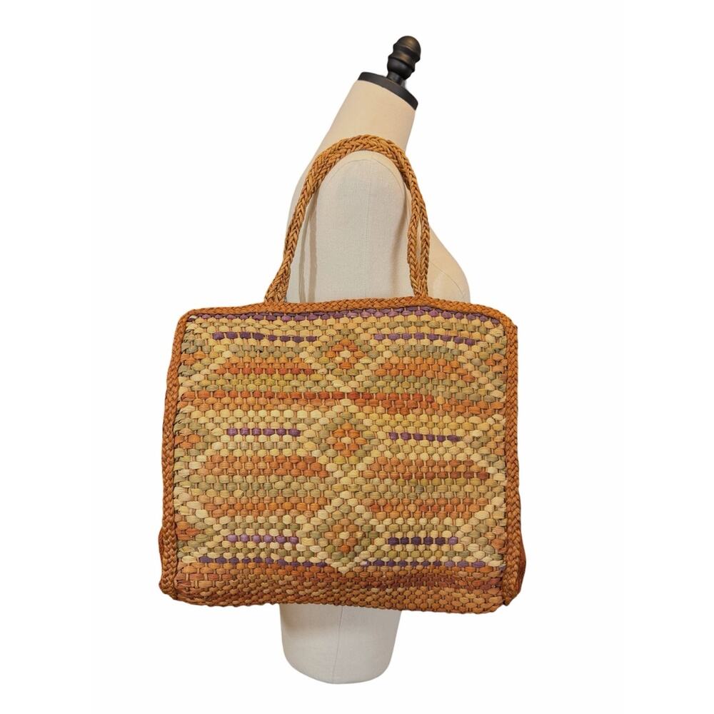 Vintage Handwoven Raffia Tote Bag Market Beach Shopper Natural Woven Boho Tan - Picture 5 of 11